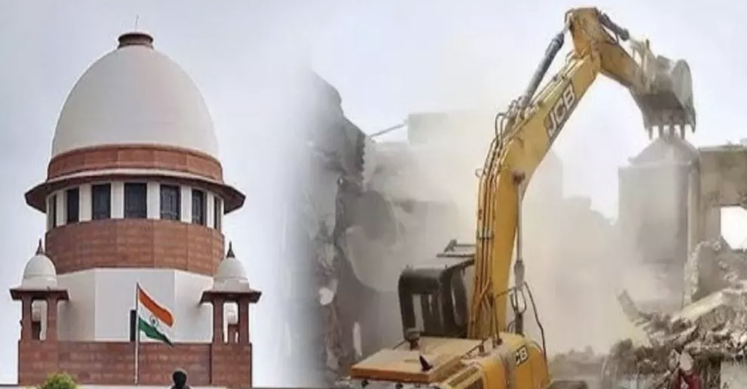 A JCB bulldozer demolishing homes in a Muslim neighborhood in Prayagraj, Uttar Pradesh, amid allegations of targeted action without due process.